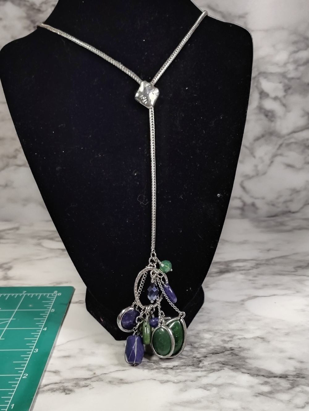 Silver Lariat Necklace with Stone Charms